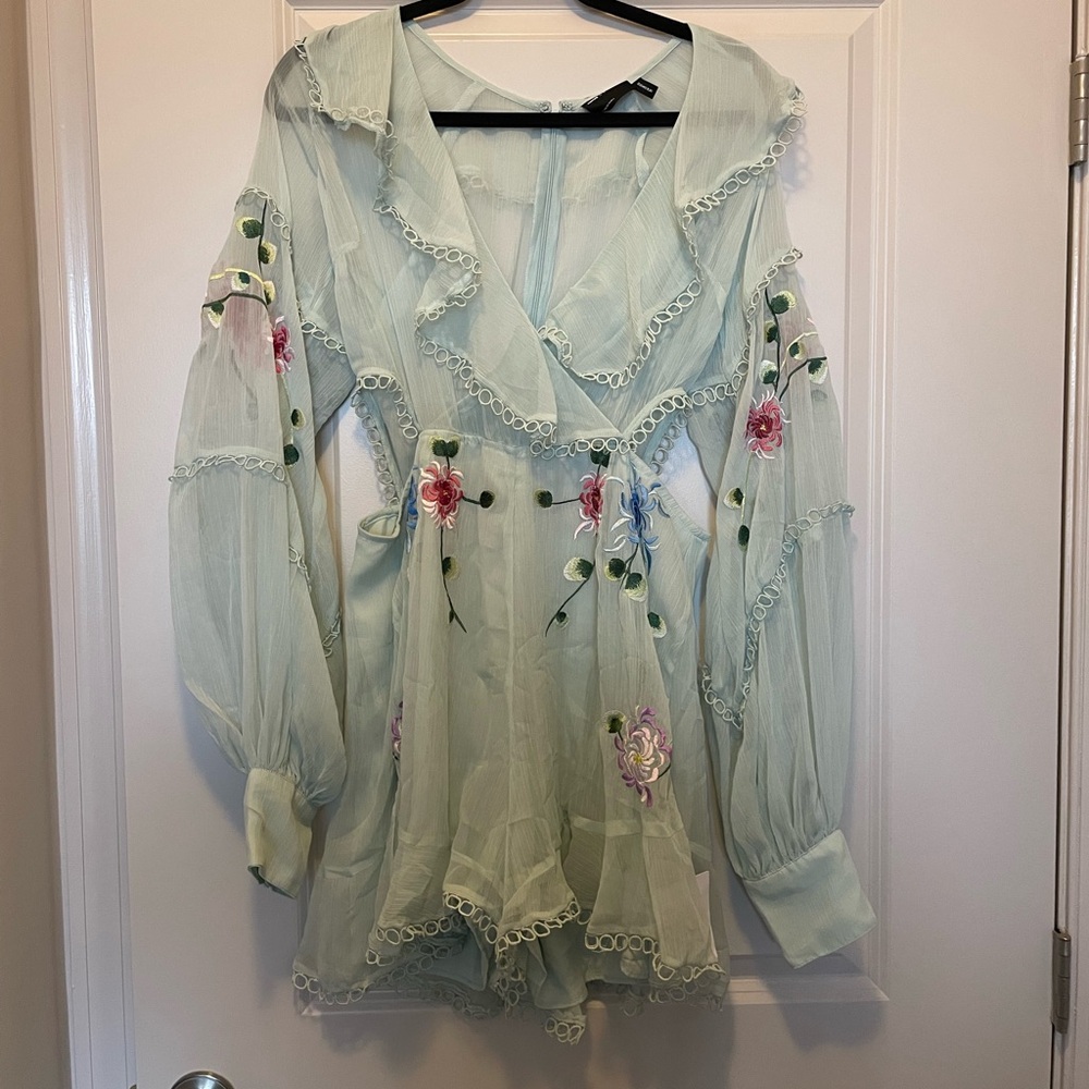 ASOS Sheer Floral Light Soft Pale Green Long Sleeve Cutout Romper